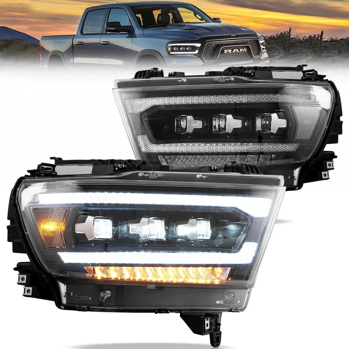 LED 3-Matrix Projector Headlights for Dodge RAM 1500 2019–2024