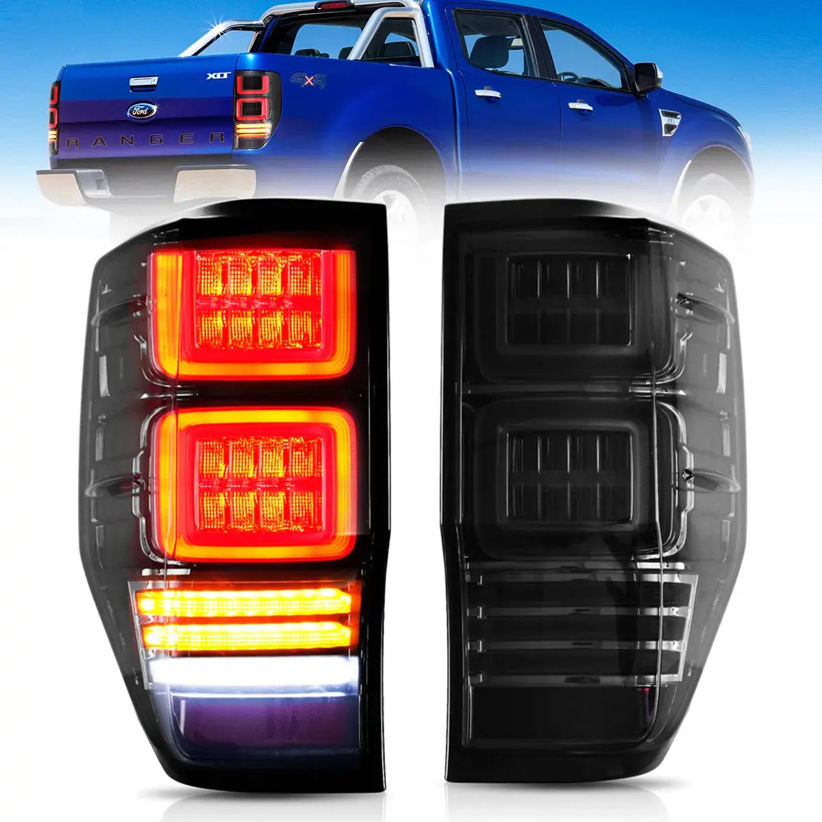 Block Style LED Tail Lights for Ford Ranger T6/P375 2012–2022