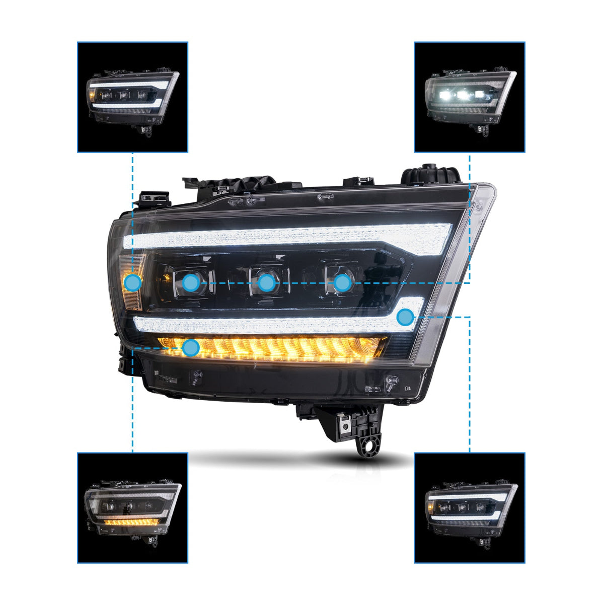 LED 3-Matrix Projector Headlights for Dodge RAM 1500 2019–2024