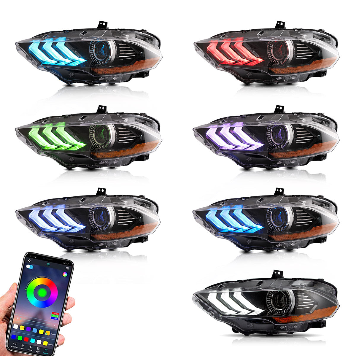 LED Headlights for Ford Mustang 2018–2023 RGB selectable