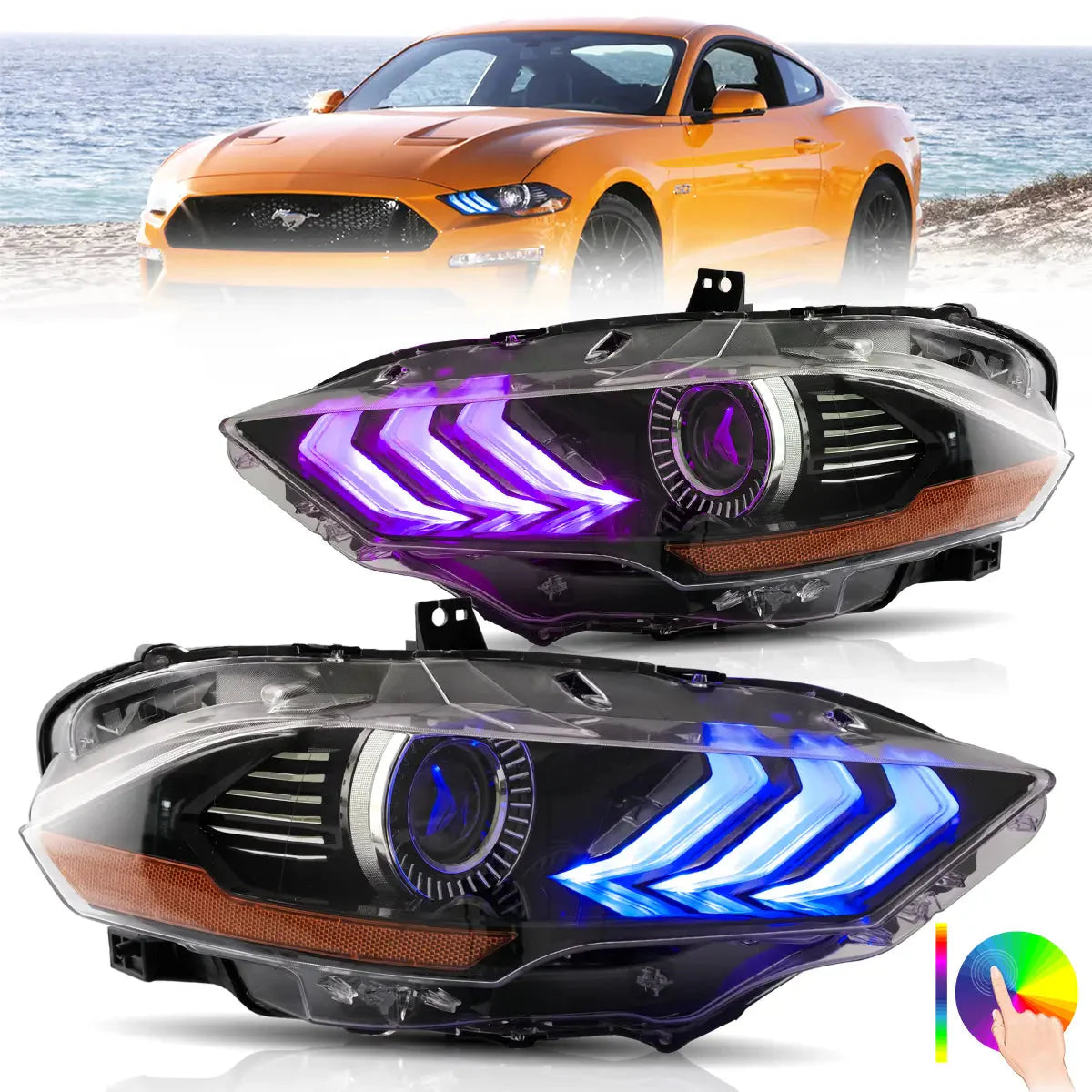LED Headlights for Ford Mustang 2018–2023 RGB selectable